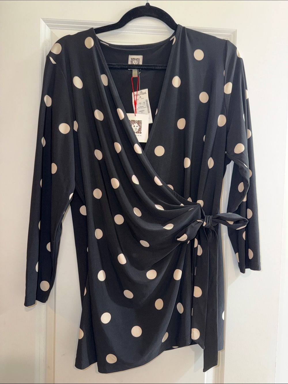 Anne Klein Black Wrap Blouse with Cream Polka Dots
